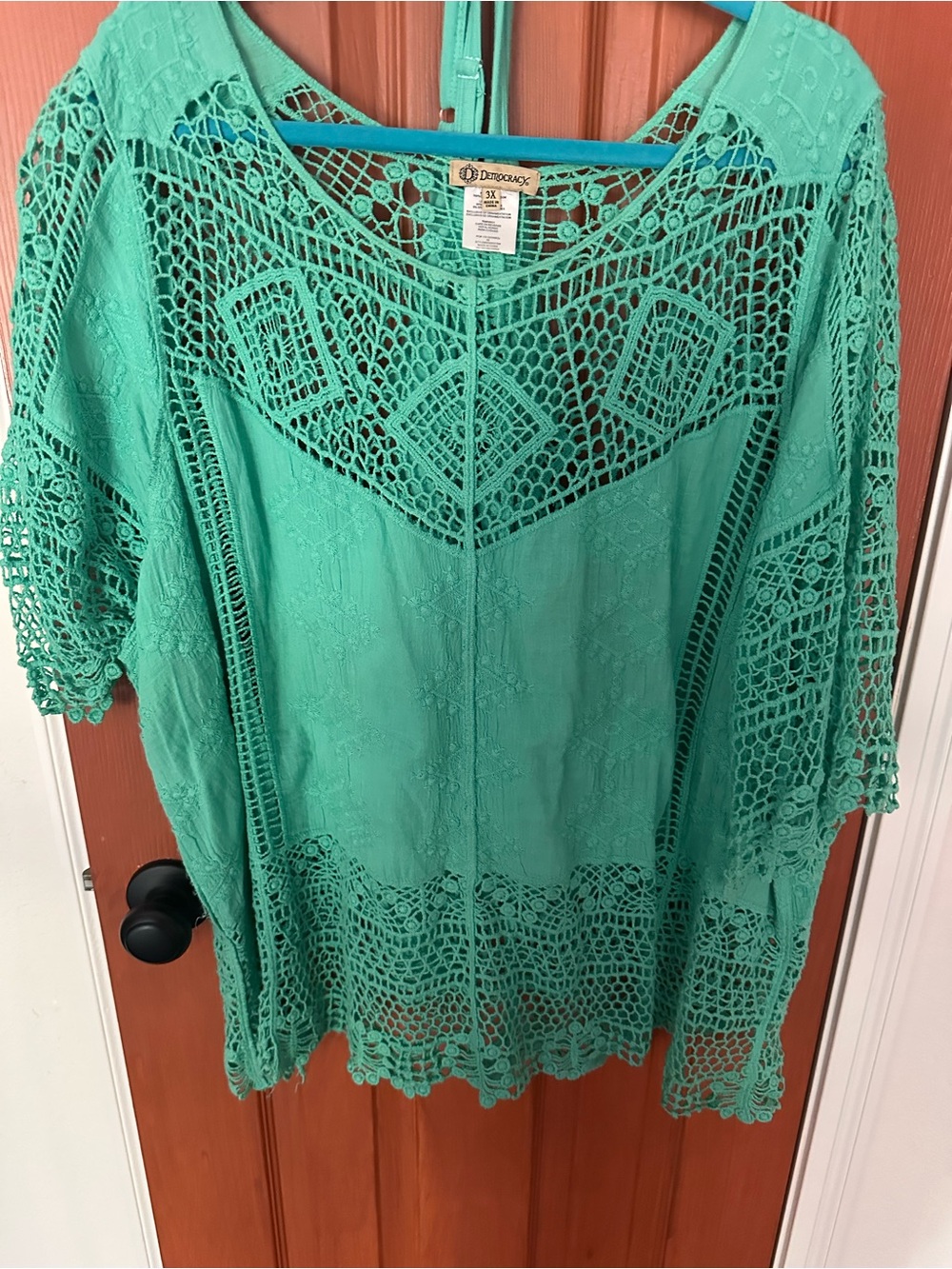 Democracy Teal Crochet Lace Tunic Top